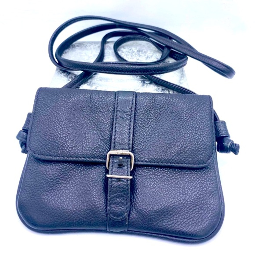 Small Crossbody Wallet/Purse Genuine Black Pebble Leather With Buckle Closure